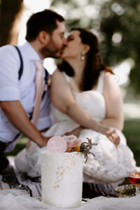 Jake & Courtney sitting under a tree, sharing a kiss. In the foreground is their wedding cake, a white cake with gold leaf topped with roses and a small round card that says "we eloped!"